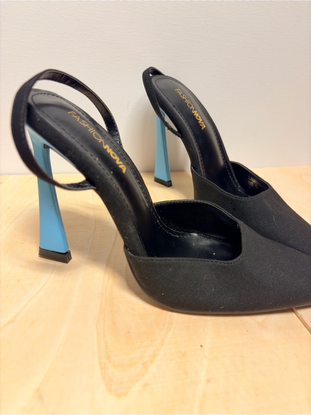 Fashion Nova Black Slingback Pumps with Light Blue Block Heels